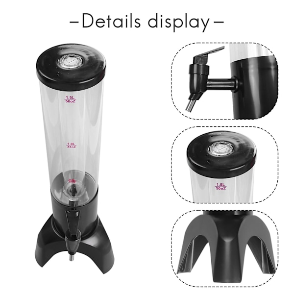 1,5 l øldispenser tårn let at rengøre integreret hane med isrør og LED-lys klar drikkevaretårn Black