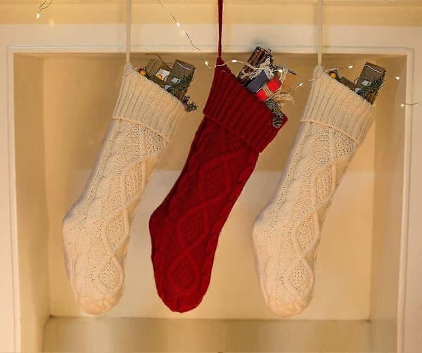 Annen dekorasjon til jul Kabelstrikkede julestrømper Sett Solid Hvit Elfenben Klassisk 45cm, 2 STK
