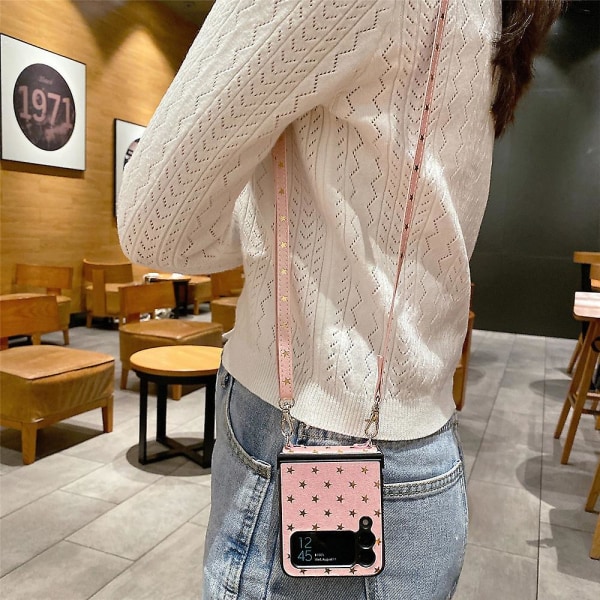 Samsung Galaxy Z Flip 4 Fodral för Kvinnor med Rem Glitter Stjärnor Crossbody Repskyddande Skyddande Skal Blå Pink