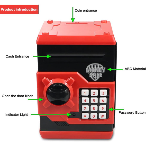 Elektronisk spargris med automatisk penningrullning, Mini ATM-kassaskåp, pengasparande leksak för barn, födelsedagspresent till pojkar och flickor (röd)