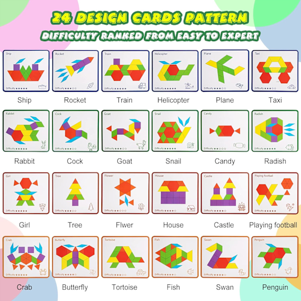Tangram pussel i trä, geometriska former, pusselspel, pedagogisk leksak, 155 delar, geometriska spel för barn i åldrarna 3, 4, 5, 6, 7
