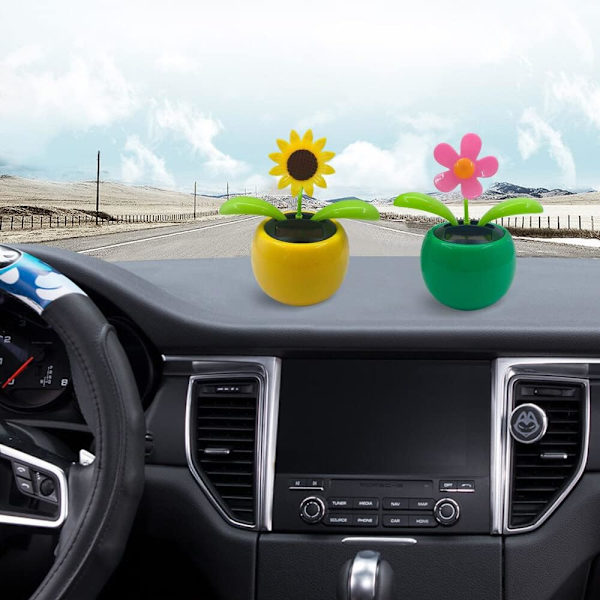 Solros som dansar på solenergi, plastblommor som dansar på solenergi, skakande huvud, bilprydnader, solcellsbil, leksak för bil, kontor, skrivbordsdekoration (2 stycken)