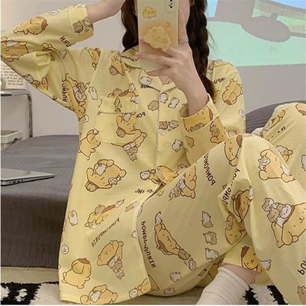 Kawaii Cartoon Pyjamas för Kvinnor och Flickor Långärmad Skjorta med Pyjamabyxor Sovkläder Hemkläder 2-delad Pyjamasuppsättning Pom Pom Purin L