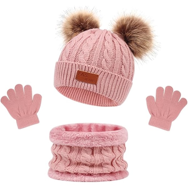 Halsduk, mössa och handskar set för flickor och pojkar, vinter barn halsduk mössa och mössa set, Pompom mössor för pojkar, polar nackvärmare och varma stickade handskar