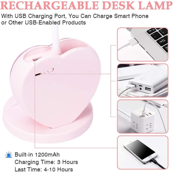 Led-pöytälamppu lapsille, pieni pöytälamppu USB latausportilla ja kynäteline ja puhelinteline