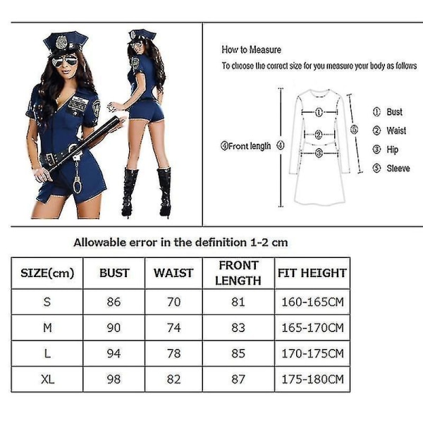 Flere Sexet Politi Kvinde Officer Uniform Kostume Halloween Klubbeklædning Lynlås Outfit Cosplay Carnival Fancy festkjole S