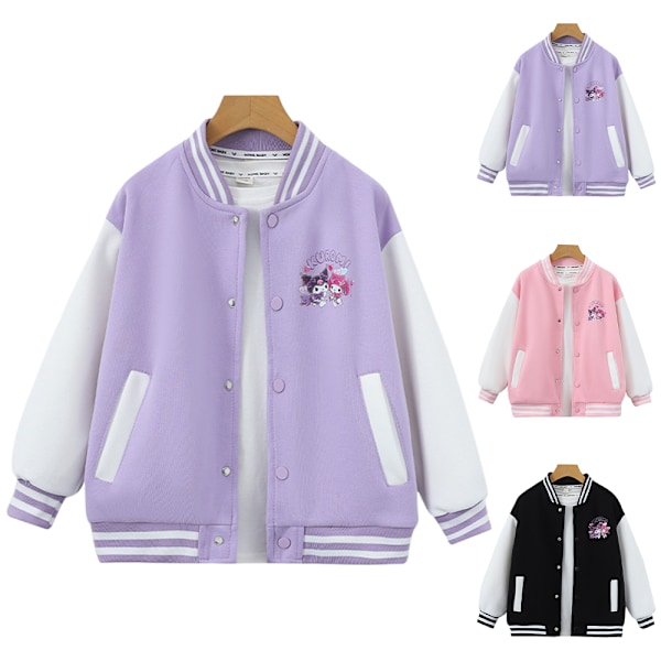 Børnejakke til Piger Kuromi Uniform Casual Løstsiddende Knapløs Baseballjakke Yderbeklædning Sort Black 140cm