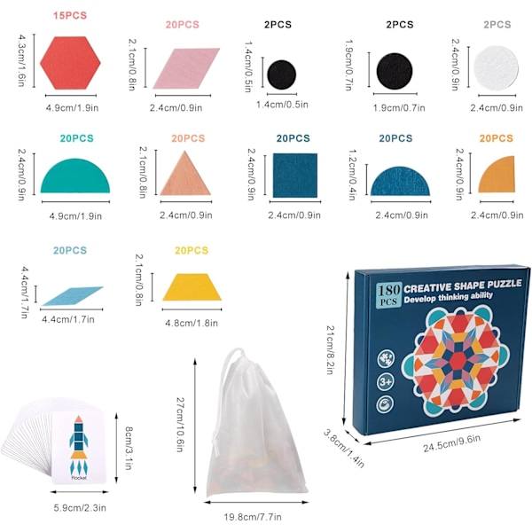Träpussel Tangram, Trä Mönsterblock, 180 st Geometriska Pussel och 24 Mönsterkort Montessori Pedagogiska Leksaker