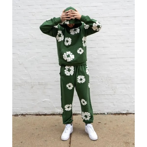 Y2K 2-delt treningssett for menn og kvinner Hip Hop Grafisk langærmet hettegenser og bukser Hettesett set-green XXL