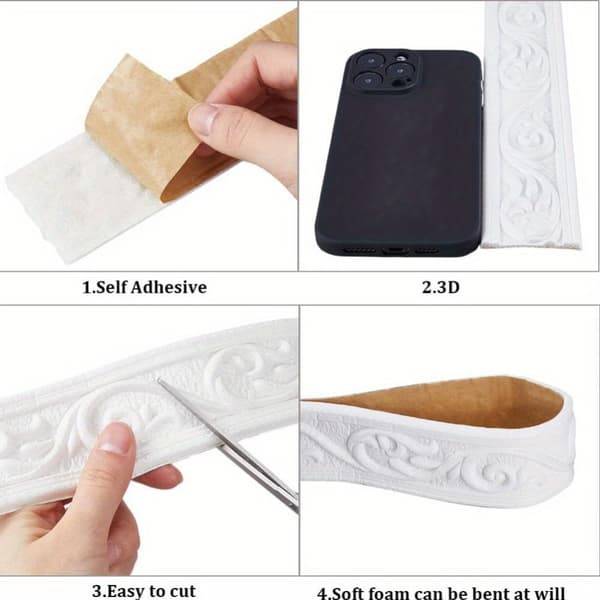 3 Rolls 3D Embossed Flexible Foam Wall Decor, Light Luxury Crown Design, with Self-Adhesive Backing, Decorative Wallpaper Border off white