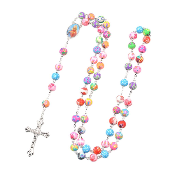 Fargerik katolsk rosenkrans halskjede Polymer leire rund perle Our Lady of Mary For Cross Anheng Katolsk halskjede