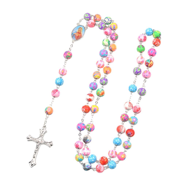 Fargerikt katolsk rosenkranshalskjede i polymerleire med runde perler og Jomfru Maria-anheng for korsanheng katolsk halskjede