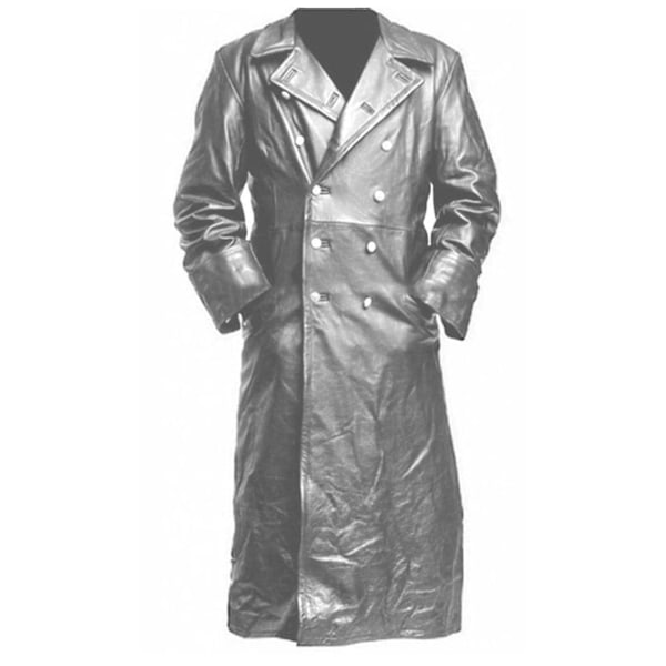 Tysk Klassisk Officer Ww2 Militær Uniform Sort Læder Trenchcoat Gray L