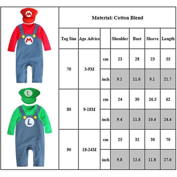 Super Mario Bros Baby Cosplay Crawling Dress Romper Jumpsuit Mario Luigi Cosplay kostymehattsett Green 18-24M