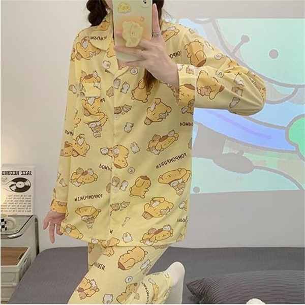 Kawaii-piirrettyjä pyjamaa naisille ja tytöille - pitkähihainen paita ja pyjamahousut, nukkumisasu, kotikäyttöön, 2-osainen pyjamasetti Pom Pom Purin M