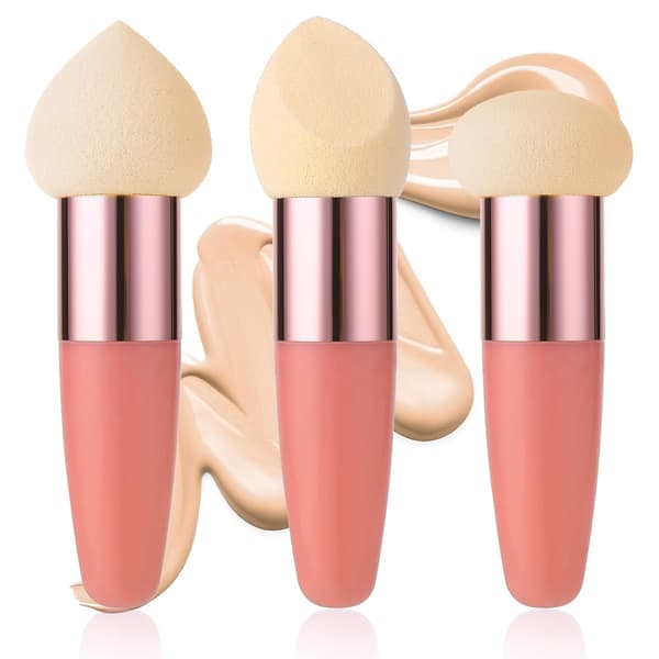 Makeup Sponges, 3-Piece Beauty Blender Applicators with Handle, Angled Foundation Brushes for Face and Eyebrows (Rose Red)