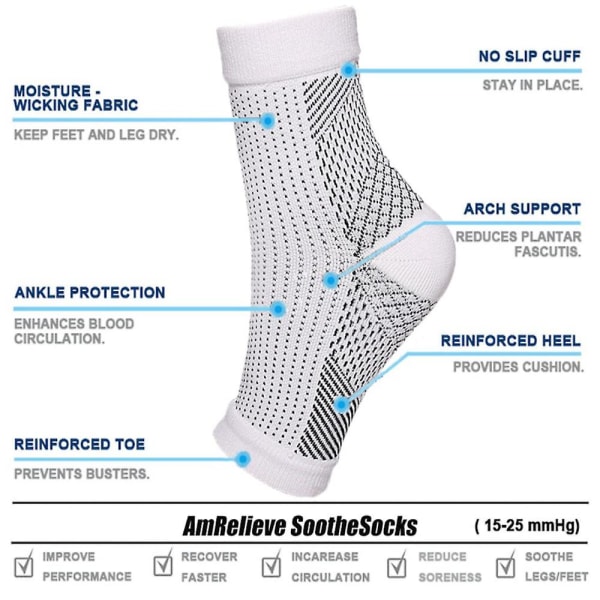 Lindrende sokker Neuropati Kompression ankelbuestøtte Beskyttelse Smertelindrende sokker White S M