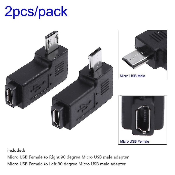 2 stk. 90 graders vinkelret Micro USB hun til Micro USB han adapter konnektor L-formet Micro USB han til hun konverter