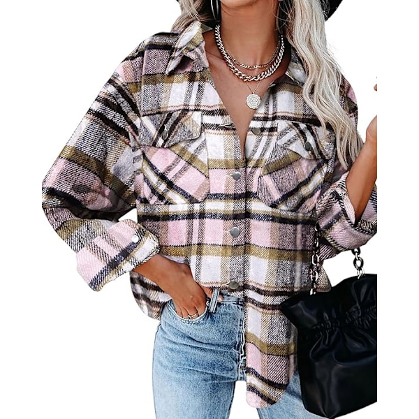 Ternet skjortejakke til kvinder - Langærmet flannelskjorte med knapper C-pink M