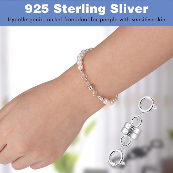 925 Sterling-hopeakaulakorun lukko ja sulkimet, hopeinen minimagneettinen korulukko liitin rannekoruketjun jatkeeseen, hopeanvärinen