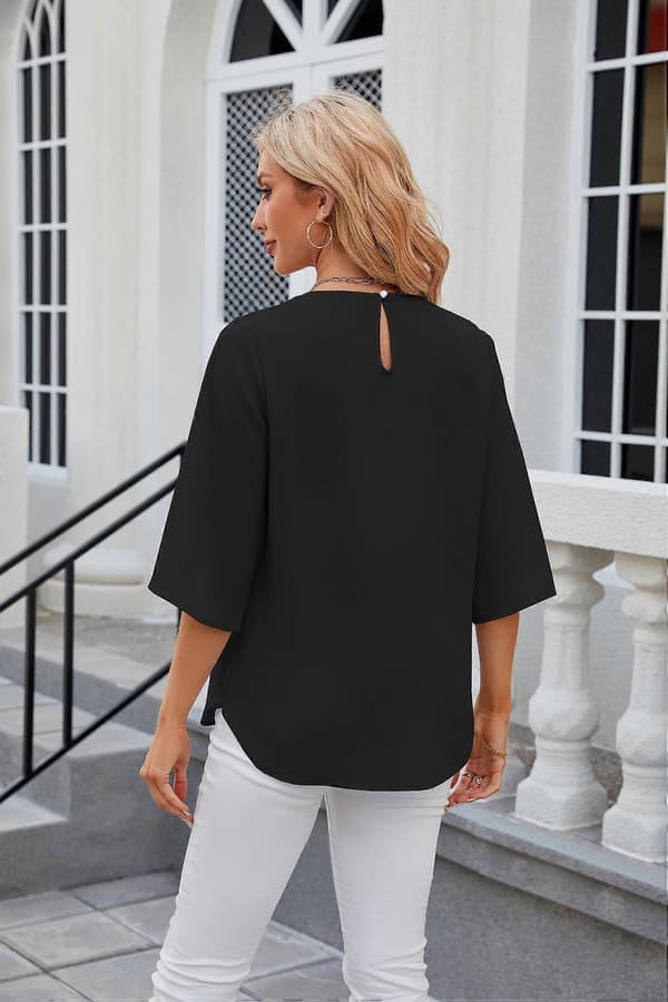 Damebluse, elegant V-hals, 3/4 ærmer, afslappede bluser, tunika toppe