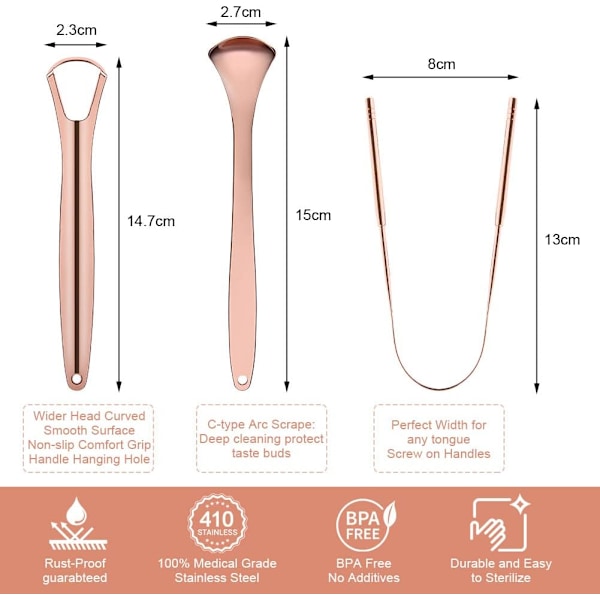 Tungeskraber, 3-pak rustfrit stål tungerenser med rejseetui til mundhygiejne, frisk ånde, reducerer dårlig ånde, genanvendelig