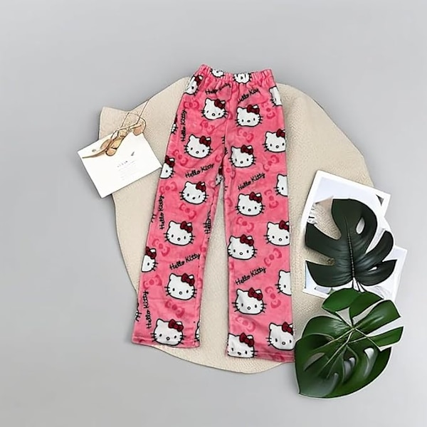 Hello Kitty Flanell Pyjamas Mjuka Kawaii Pyjamas Hembyxor Cartoon Casual Anime Bekväma Höst- och Vintervarma Pyjamas Casual Byxor Rose red XL