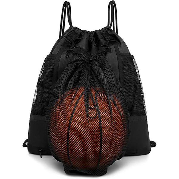 Børns basketball skuldertaske lynlås mesh taske dobbeltsidet foldbar gymnastiktaske sports snørebånd rygsæk til fodbold Black