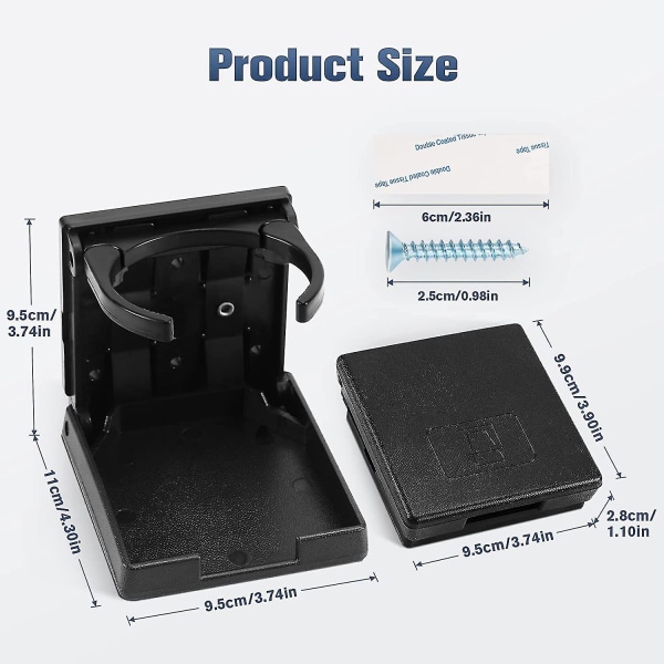 2x Justerbar Drikkeholder, Sammenklappelig Dåseholder, Flaskeholder, Kopholder, Sort, Båd, Bil