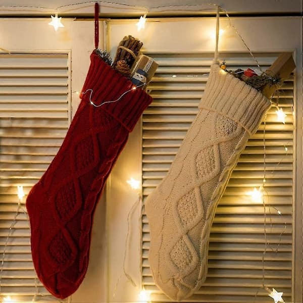 Annen dekorasjon til jul Kabelstrikkede julestrømper Sett Solid Hvit Elfenben Klassisk 45cm, 2 STK