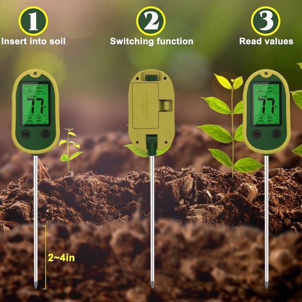 Jordfugtighedsmåler 4-i-1 Fugtighed/ph/temperatur/lys, Digital Jord Ph-måler Indendørs & Udendørs Brug, Jordtest Kit Yellow