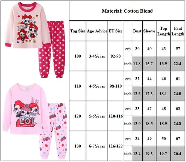 2-pack flickor tecknad docka pyjamas långärmad tröja nattkläder A A 100cm