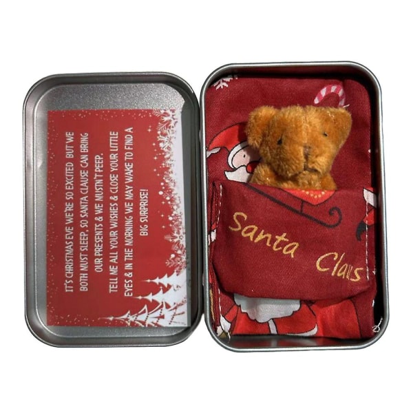Christmas Little Pocket Bear Kram Nalle i en järnlåda, Mini Pocket Bear Plyschleksaker, Söta dockgåvor till barn Brown Bearand Red Bag