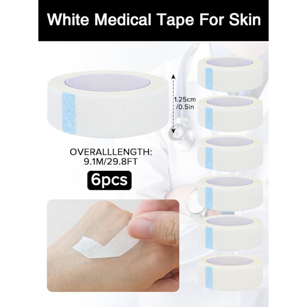 6 ruller Micropore Tape 1,25 cm x 9 m, hvit medisinsk tape for hud, klebende Micropore kirurgisk tape for bandasjer, komfortabel øretape for sport,