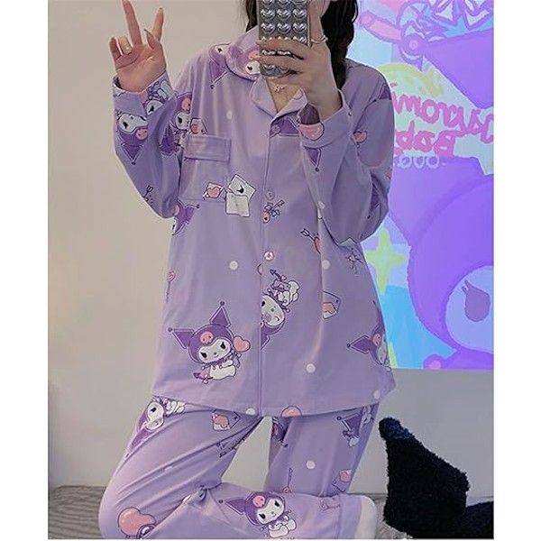 Dam Pyjamas Söta Cartoon Flickor Långärmad Skjorta med Pyjamas Hemkläder Tvådelad Pyjamasuppsättning Zi Kuromi M