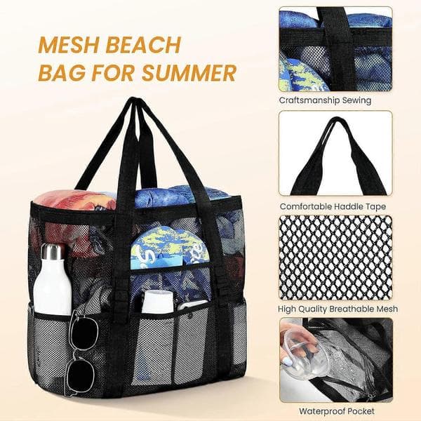Verkkokassi - Suuri rantakassi monitoimitaskuilla perhematkoille/lomille