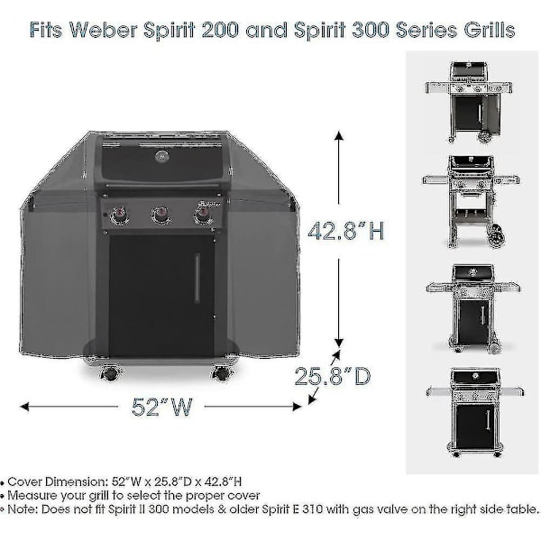 52 tommers grilltrekk for Weber Spirit 200 og 300-serien, grilltrekk for utendørsgrill, vanntett grilltrekk i kraftig materiale, falmebestandig grilltrekk 52 inch