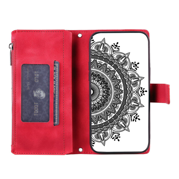 För Nokia X30 5g Mandala Flower Imprinted Pu- case Magnetlås Multi Card Slot Cover med blixtlåsförsedd plånbok och handledsrem Red