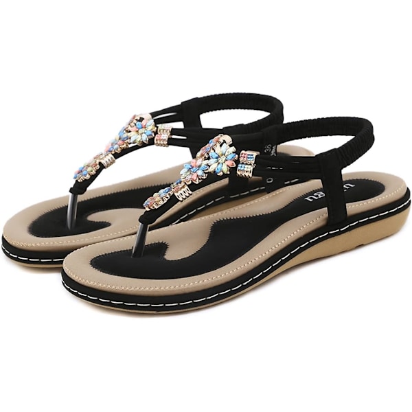 Sandaler til kvinder - Dame Flip Flops - Sommer flade lædersandal - Tårem - Boheme vandresandal Black B 3.5uk