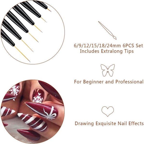 6 st Nail Art Liner Penslar Extra Lång Set 6/9/12/15/18/24mm, Fin Detalj