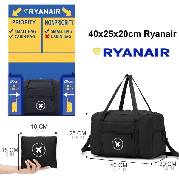 Kabinbagasje 40x25x20cm Ryanair Maksimal størrelse, Reiseveske 20L Sammenleggbar Weekend Bag Oppbevaring Store reisevesker for menn og kvinner, 1 stk.