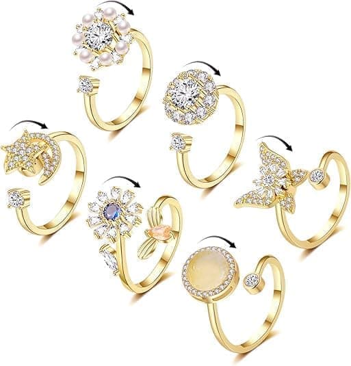 Stressring 6-pakning – Justerbar Angstring & Fidget Ring for Kvinner Gull