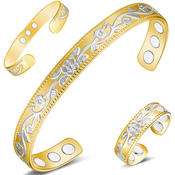 Kobber Magnetisk til Kvinder Mænd Ultra Stærke Magneter 99,99% Solid Ren Kobber Manschet Armbånd Magnetisk Feltterapi (Guld & Sølv Blomst)