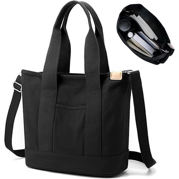 Canvas Tote Bag med fickor för kvinnor, dam axelväska, stor kapacitet casual crossbody väska med justerbar rem, för shopping, arbetsresor #1 Black-large