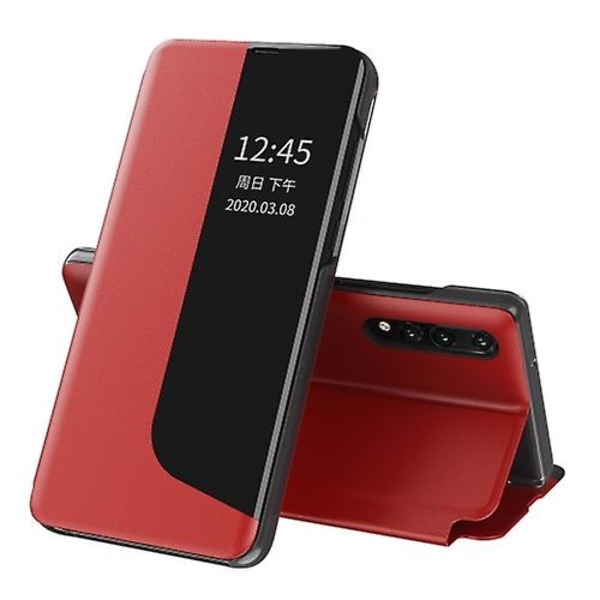 För Huawei P20 sidodisplay Stötsäkert horisontellt flip phone case Red