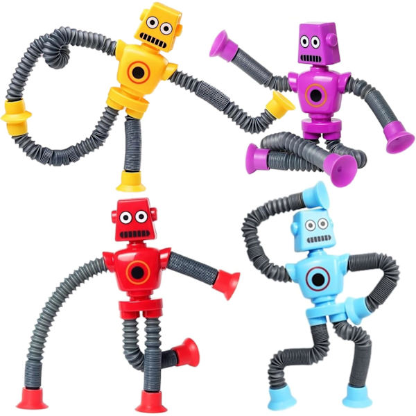 Fidgetleksaker för barn, robotleksak med rör, 4 st teleskopiska sugkoppsleksaker, stressavlastande sensoriska leksaker, klämiga leksaker (Fidgetrobot)