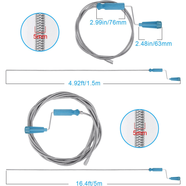 Sæt med 2 afløbsrensere, 5m x 5mm og 1,4m x 5mm slanger til rengøring af rør udendørs og indendørs