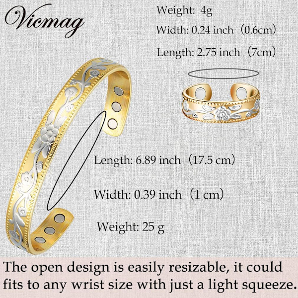 Kobber Magnetisk til Kvinder Mænd Ultra Stærke Magneter 99,99% Solid Ren Kobber Manschet Armbånd Magnetisk Feltterapi (Guld & Sølv Blomst)