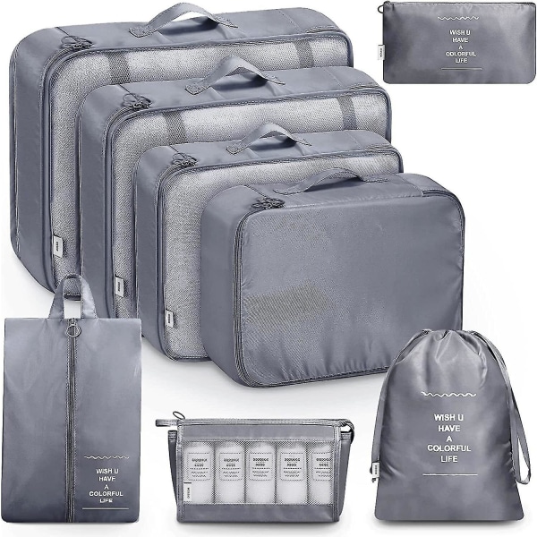 8 stk Organiseringssett Bagasje Koffert Oppbevaringsposer Pakking Reisekuber Gaver Grey