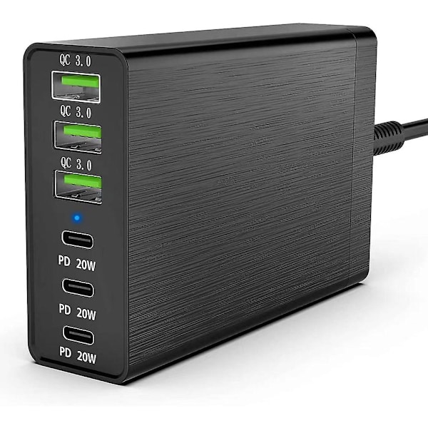 96W 6-port USB-ladestasjon for skrivebord med 3 USB-C-porter og QC3.0-porter, 20W hurtiglader EU-plugg